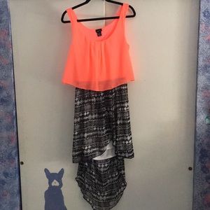 Neon orange, black and white hi low dress